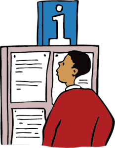 Frau vor Info-Wand
